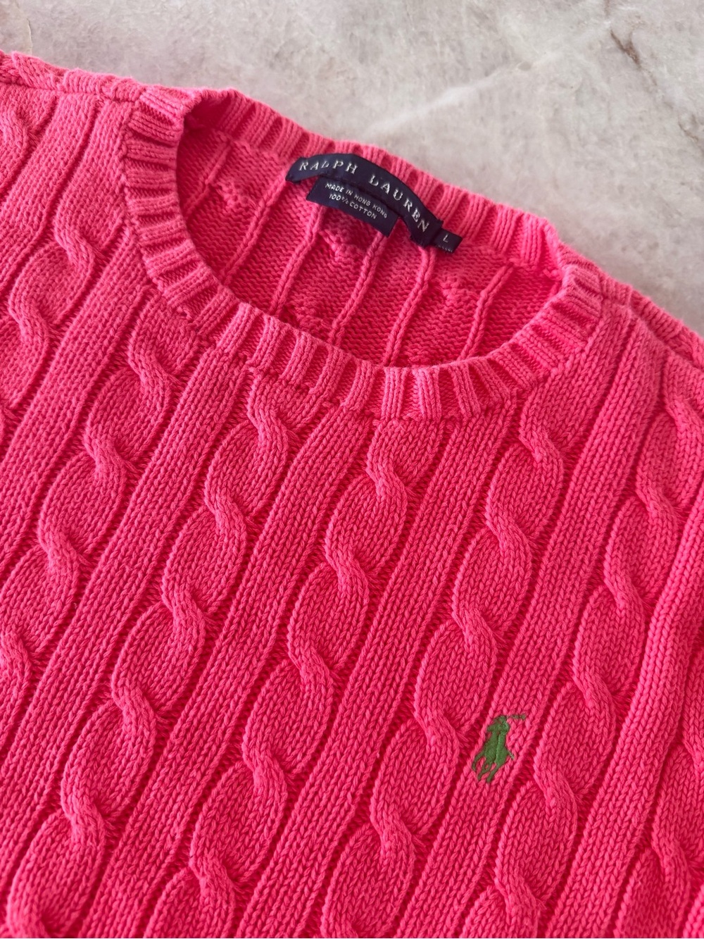 Ralph Lauren Cable Knit Sweater Hot Pink Cotton Crewneck Pony Logo Size Large